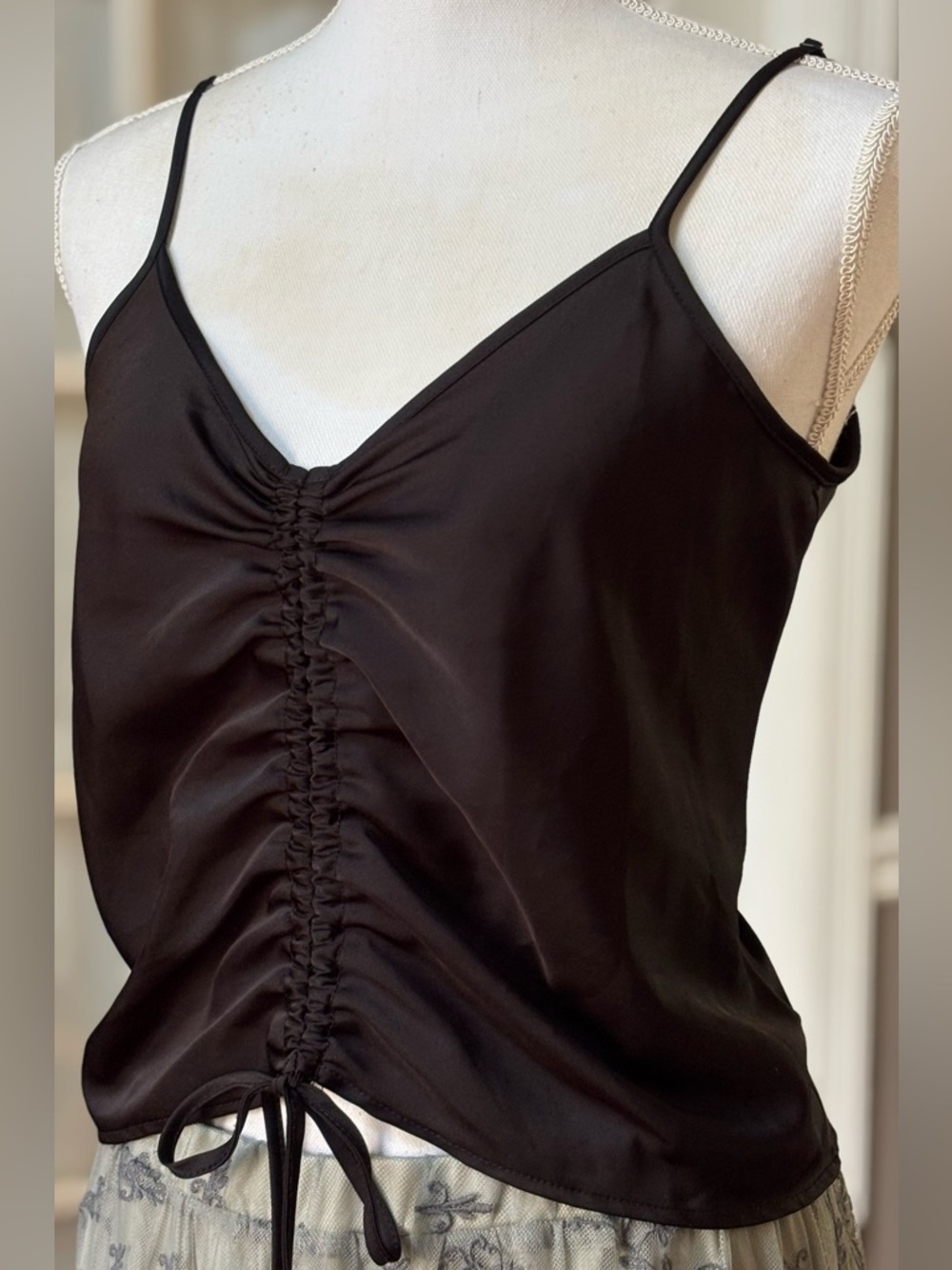 Olive + Oak Black Satin Ruched Cami Top Size L Adjustable Straps
